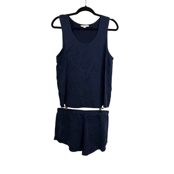 Lunya Pajama Set Womens Large Washable Silk Tank Shorts Deep Navy Blue Sleep PJs - Picture 2 of 9